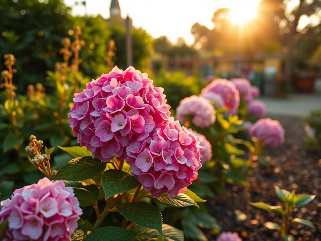Pittoreske tuin met bloeiende Annabelle hortensia's en vers gesnoeide planten.
