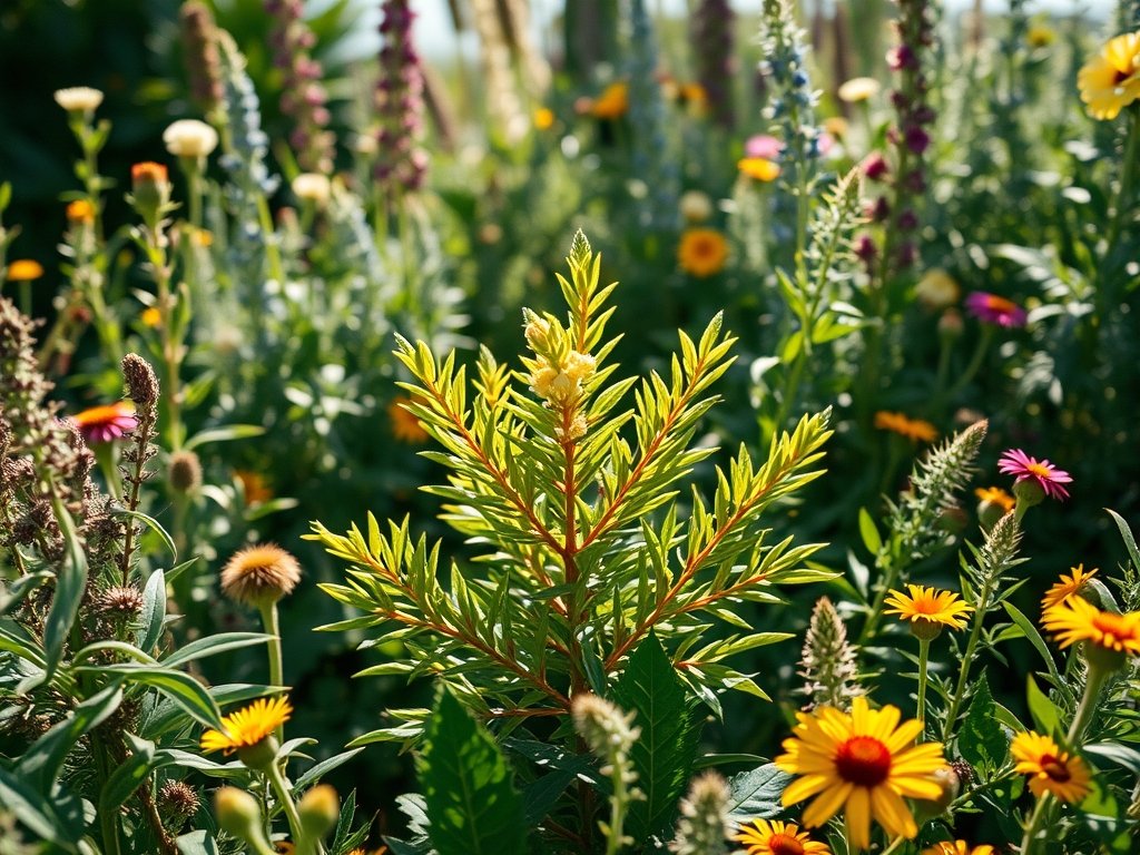 Weids uitzicht op een hebe plant omringd door kruiden en bloemen in de tuin.