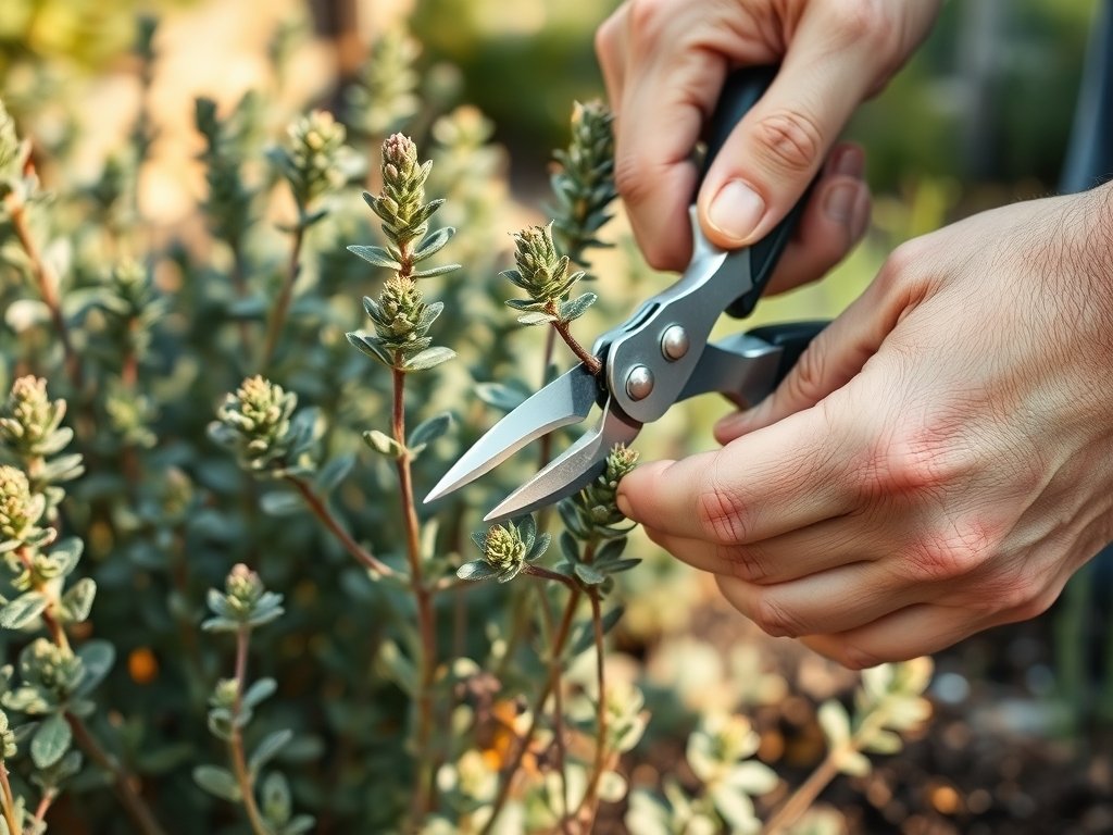 Close-up van handen die salie snoeien met scherpe scharen.