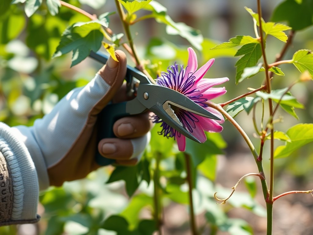 Close-up van handen die een passiebloem snoeien met scherpe tuinscharen in een groene tuin.