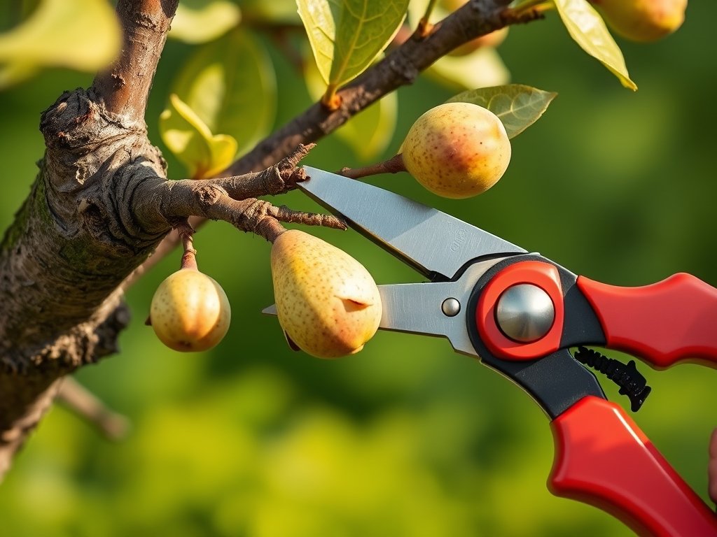 Close-up van rode snoeischaar die een tak van een perenboom snoeit in een tuin.