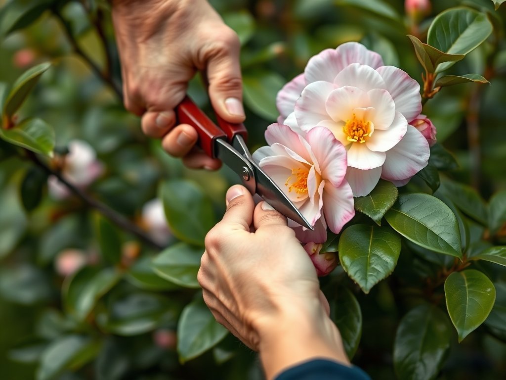 Nauwe opname van handen die een camelia-snoei met een scherpe snoeischaar uitvoeren.