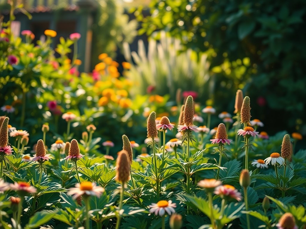 Breedbeeld van een levendige tuin met lampenpoetsersgras en bloeiende bloemen.