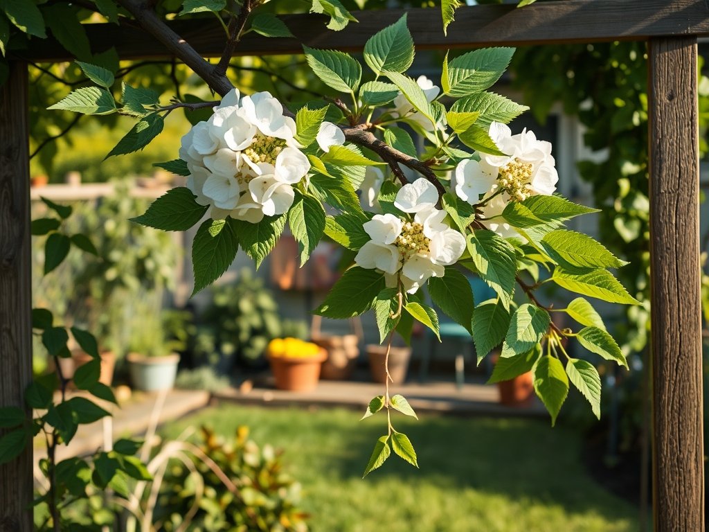 Tuin met bloeiende klimhortensia op een klimrek met gesnoeide en bloeiende takken in avondlicht.