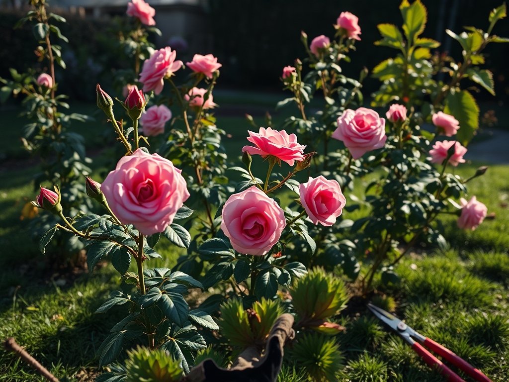 Brede opname van een tuin met rozenstruiken in verschillende groeistadia en snoeigereedschap op het gras.