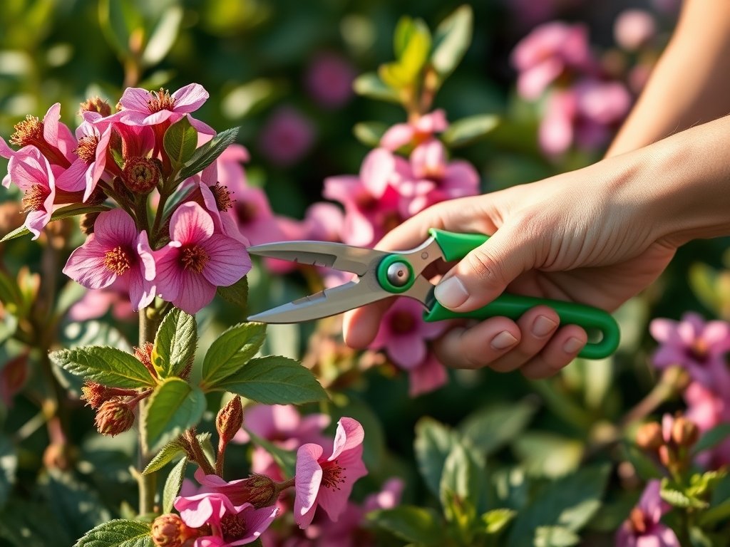 Nauwe opname van handen die een Lavatera struik snoeien met groene snoeischaar.
