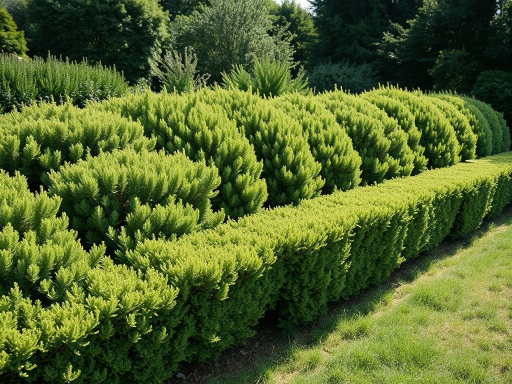 Tuin met ligusterhagen in verschillende stadia van snoeien onder natuurlijk daglicht.