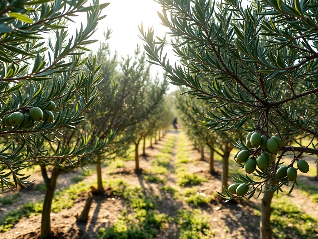 Rustige tuin met olijfwilgen die gesnoeid worden.