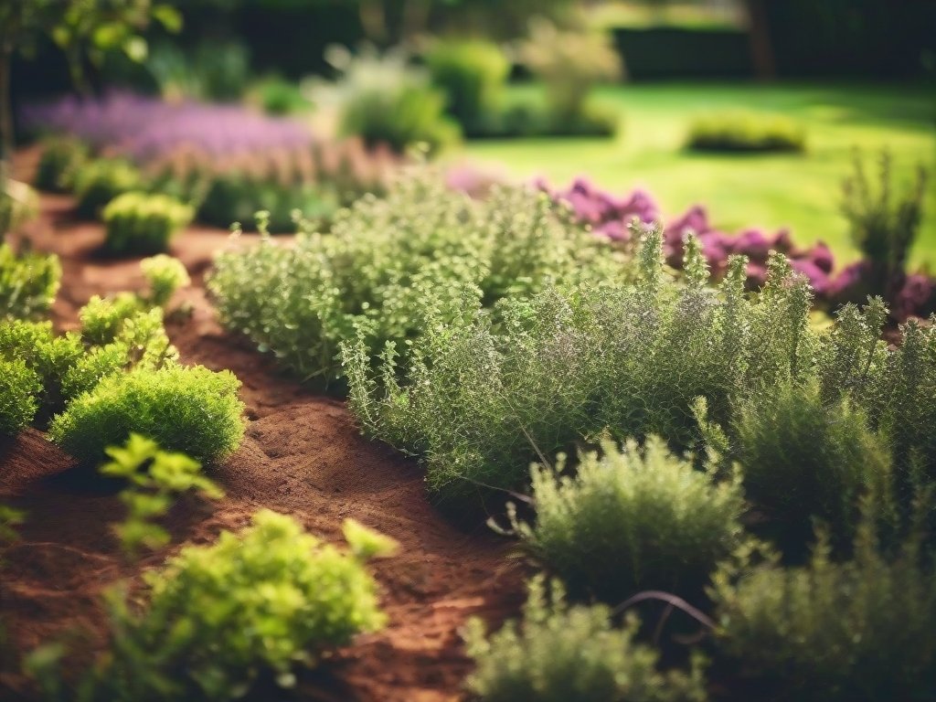 Uitgebreid zicht op een bloeiende tijmplantage in een tuin.