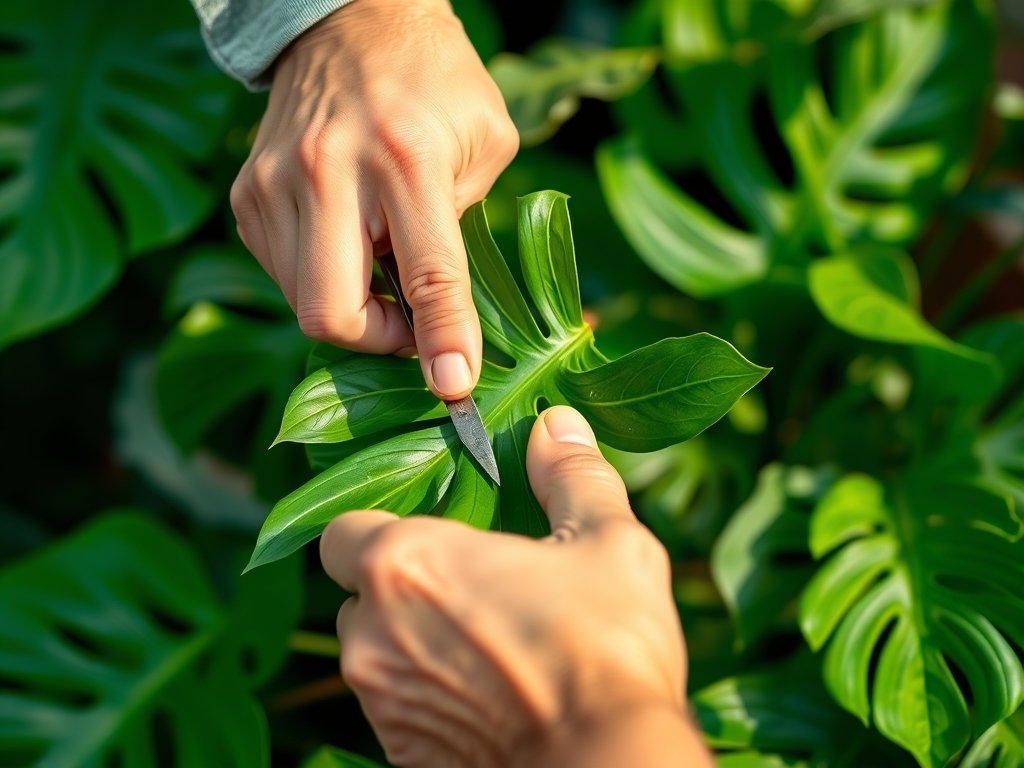 Dichtbijbeeld van handen die een Monstera plant snoeien.