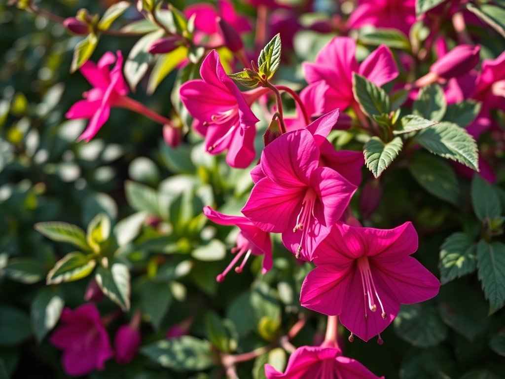 Close-up van fuchsia bloemen tussen groene bladeren.