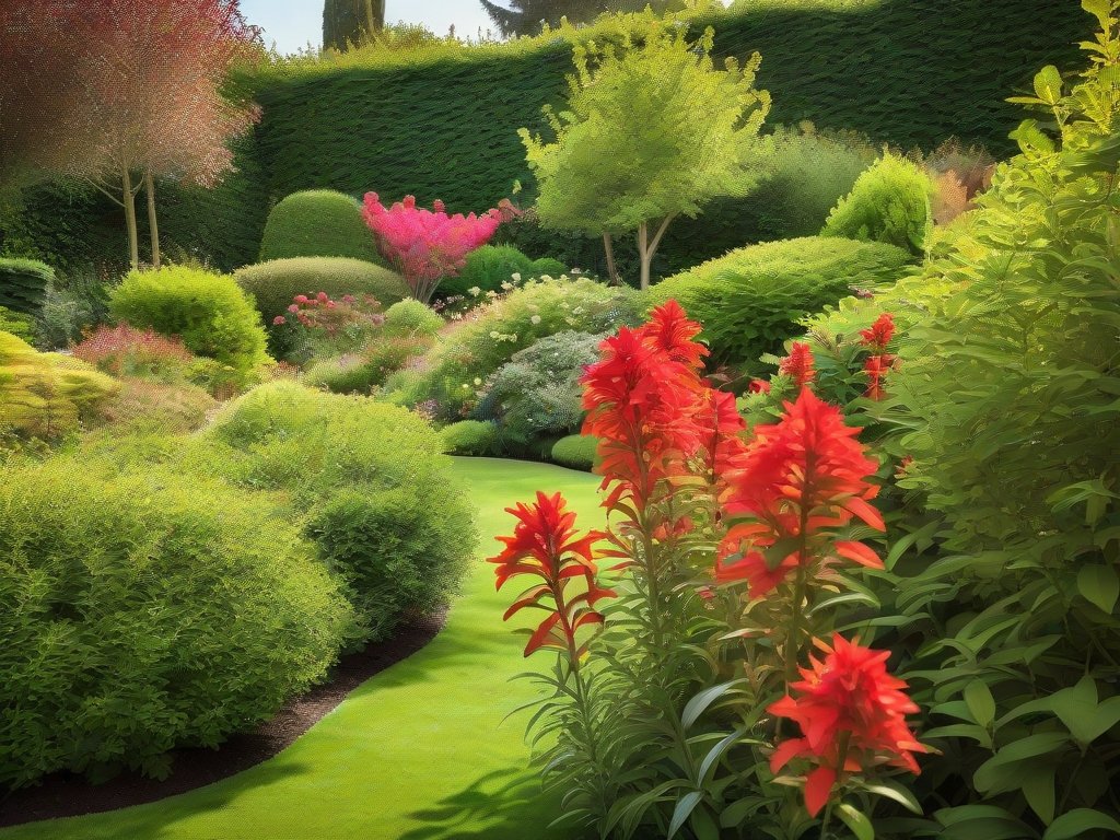 Breedshot van een onderhoudstuin met bloeiende struiken waaronder kardinaalsmuts en veel groen.