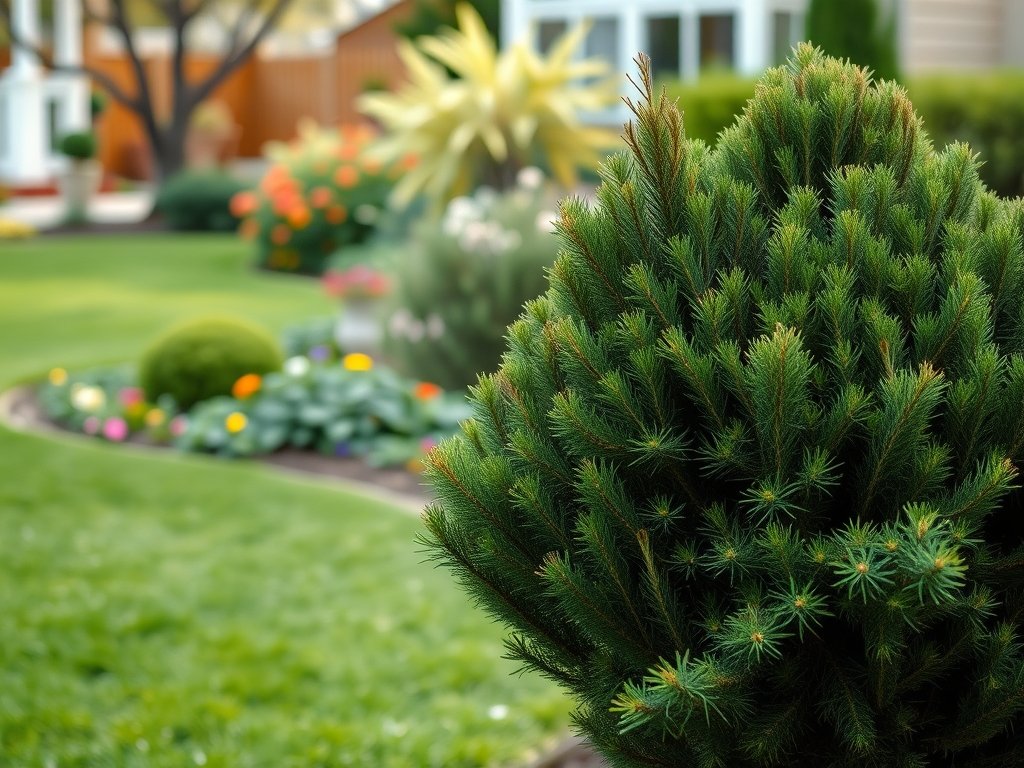 Nette coniferenstruik in een verzorgde tuin met zichtbare snoeiplekken en natuurlijk licht.