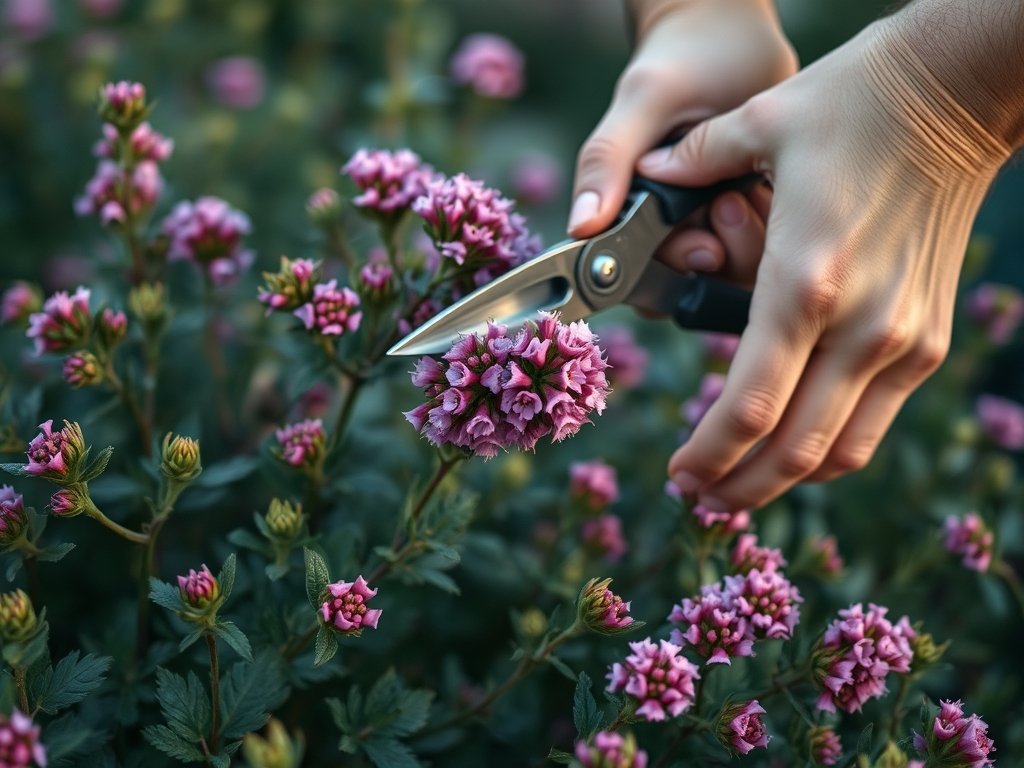 Detailopname van handen die heide snoeien met een snoeischaar.