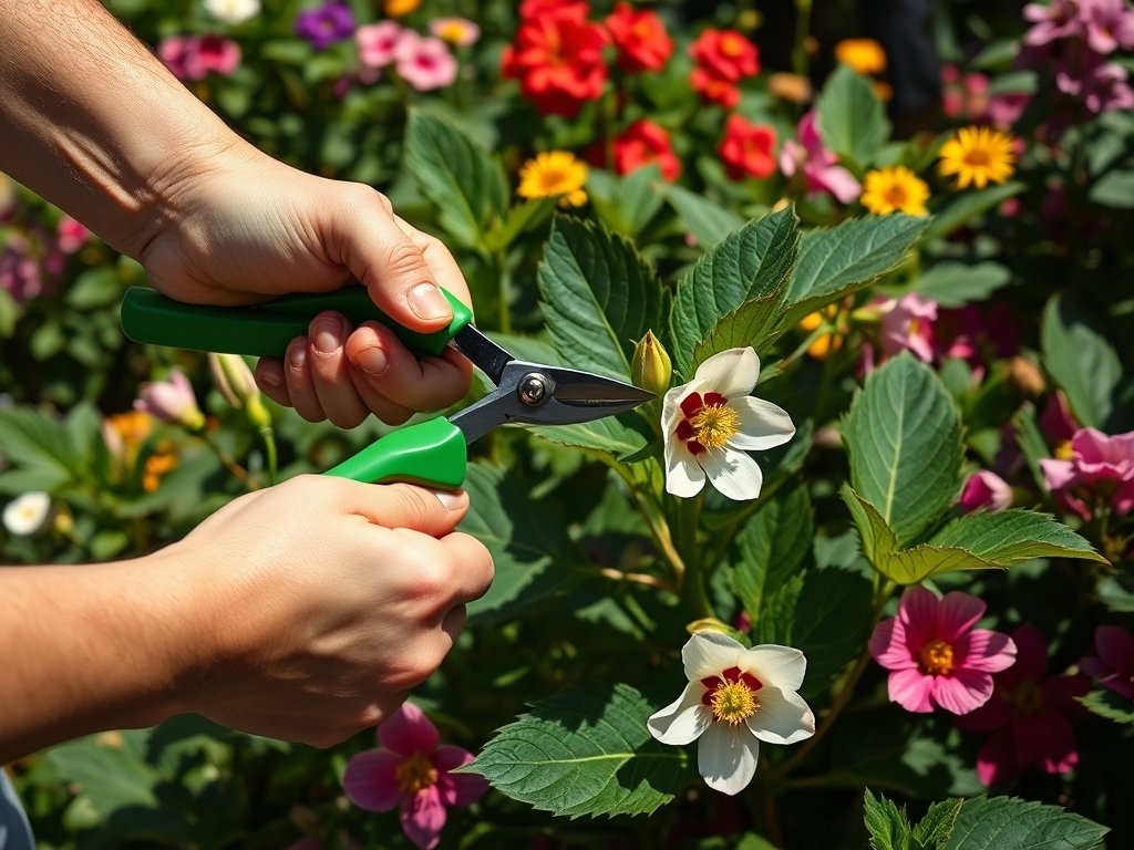 Close-up van handen die een helleborus snoeien met groene snoeischaren.