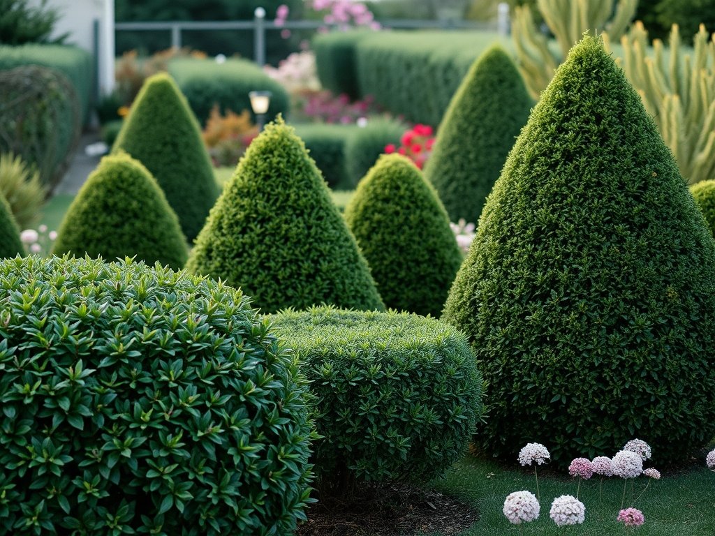 Uitzicht op een tuin met verschillende vormen van gesnoeide hagen in de avondlicht.