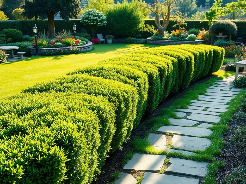 Tuin met mooi gesnoeide taxusheggen langs een stenen pad bij zacht ochtendlicht.
