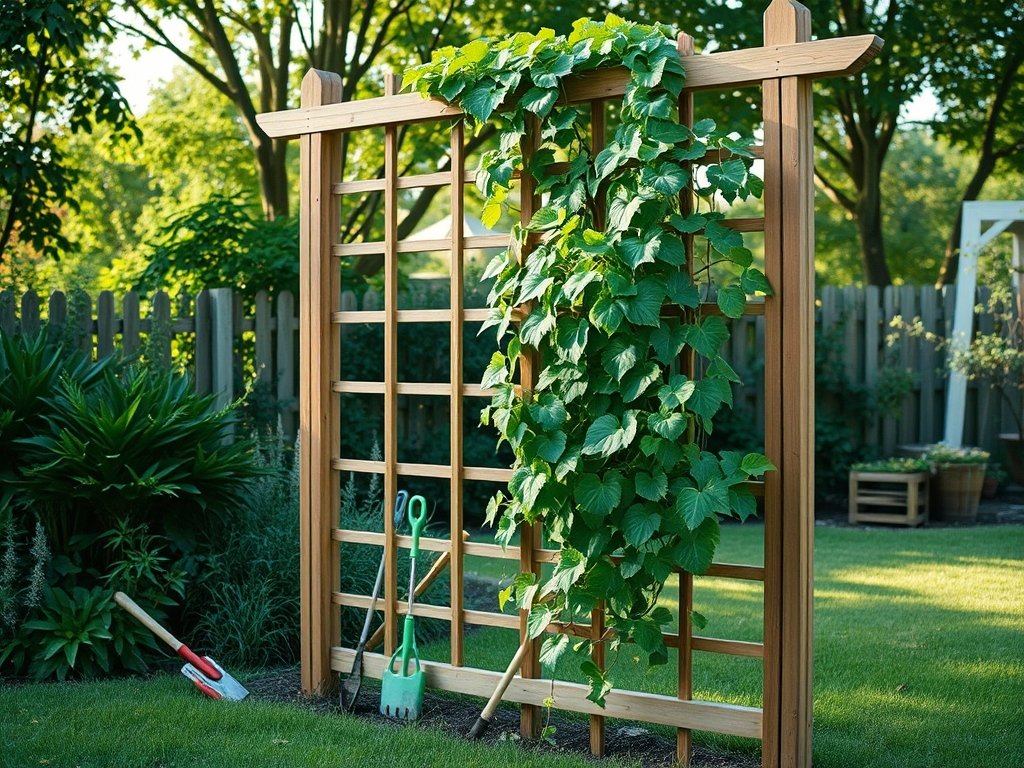 Achtertuin met kamperfoelie plant die tegen een houten latwerk groeit bij zacht ochtendlicht.