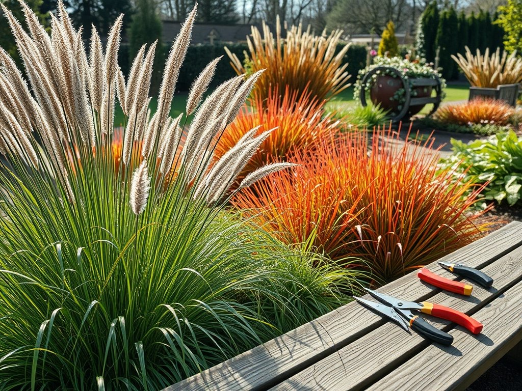Brede tuinopname van siergras in herfstkleur met net gesnoeide stukken en tuingereedschap.