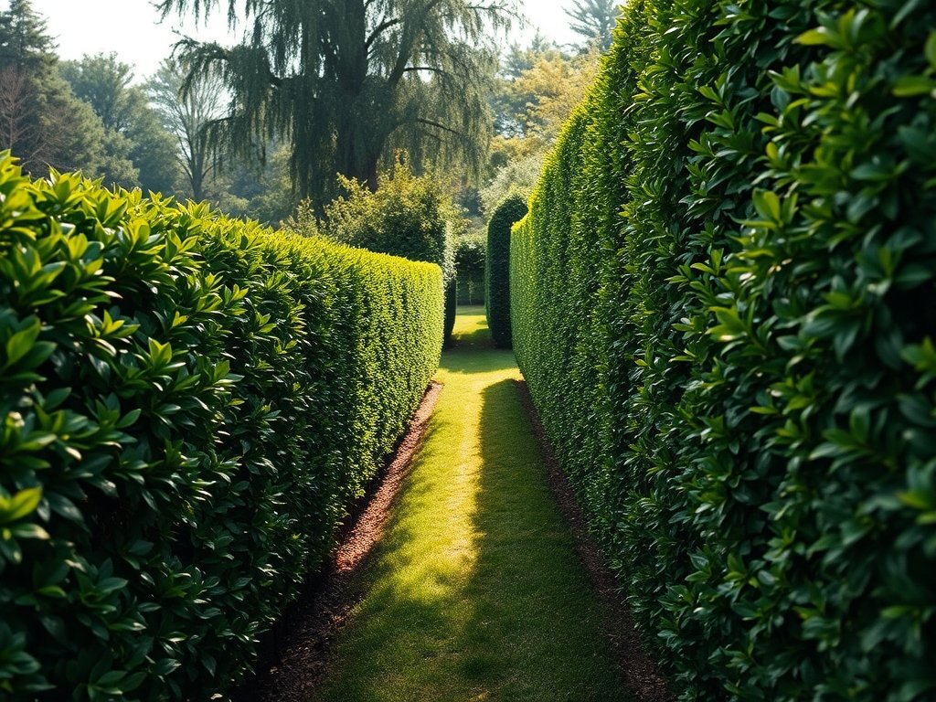 Netjes gesnoeide beukenhaag langs een tuinpad in zachte ochtendlicht.