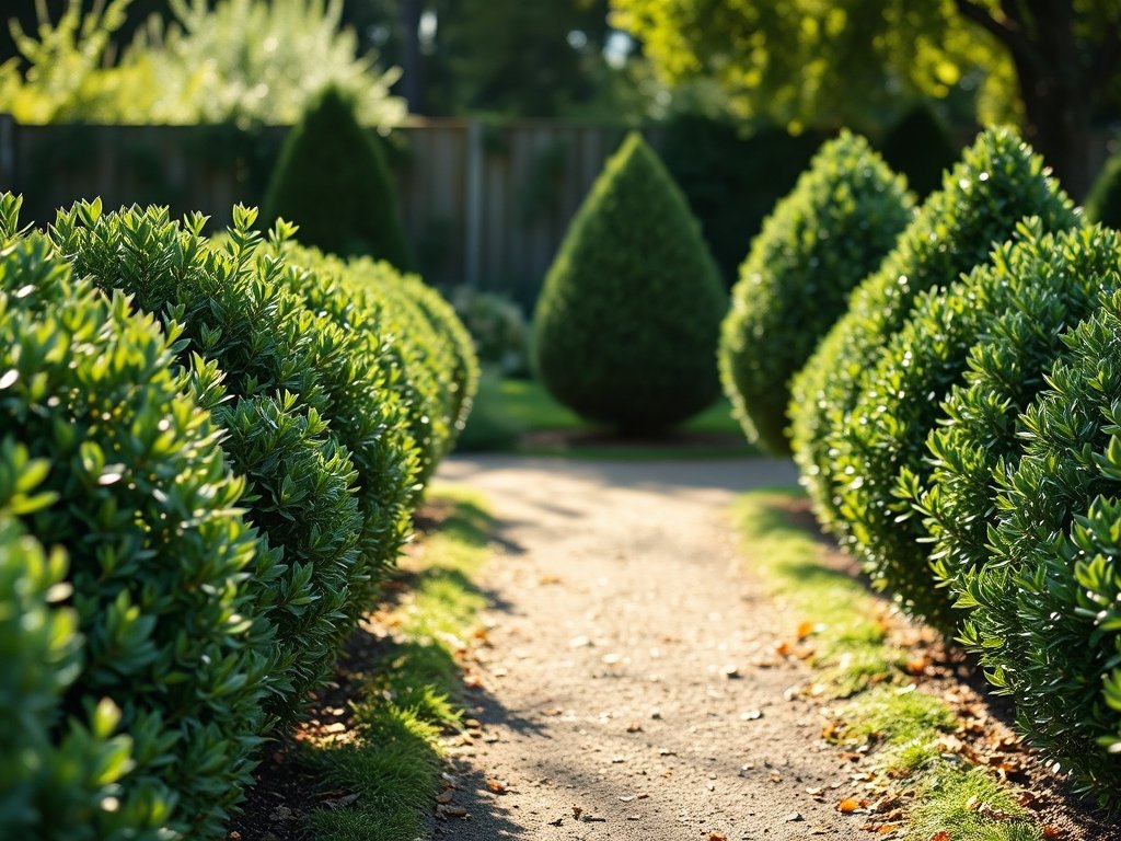 Landschapsfoto van een verzorgde tuin met netjes gesnoeide laurierstruiken bij natuurlijk licht.