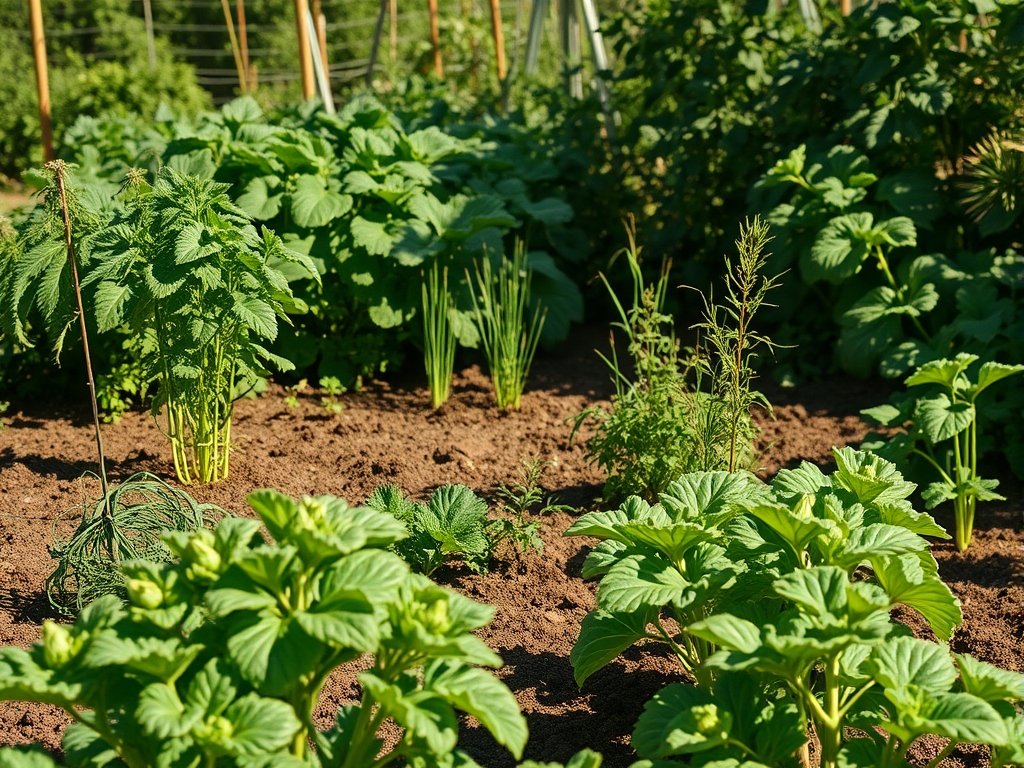 Uitsnede van een biologische moestuin met verschillende gewassen in diverse groeifasen.
