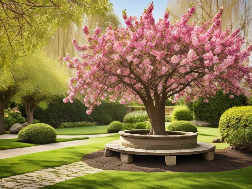 Brede opname van een prunus tuin met bloeiende bloemen en gesnoeide takken.