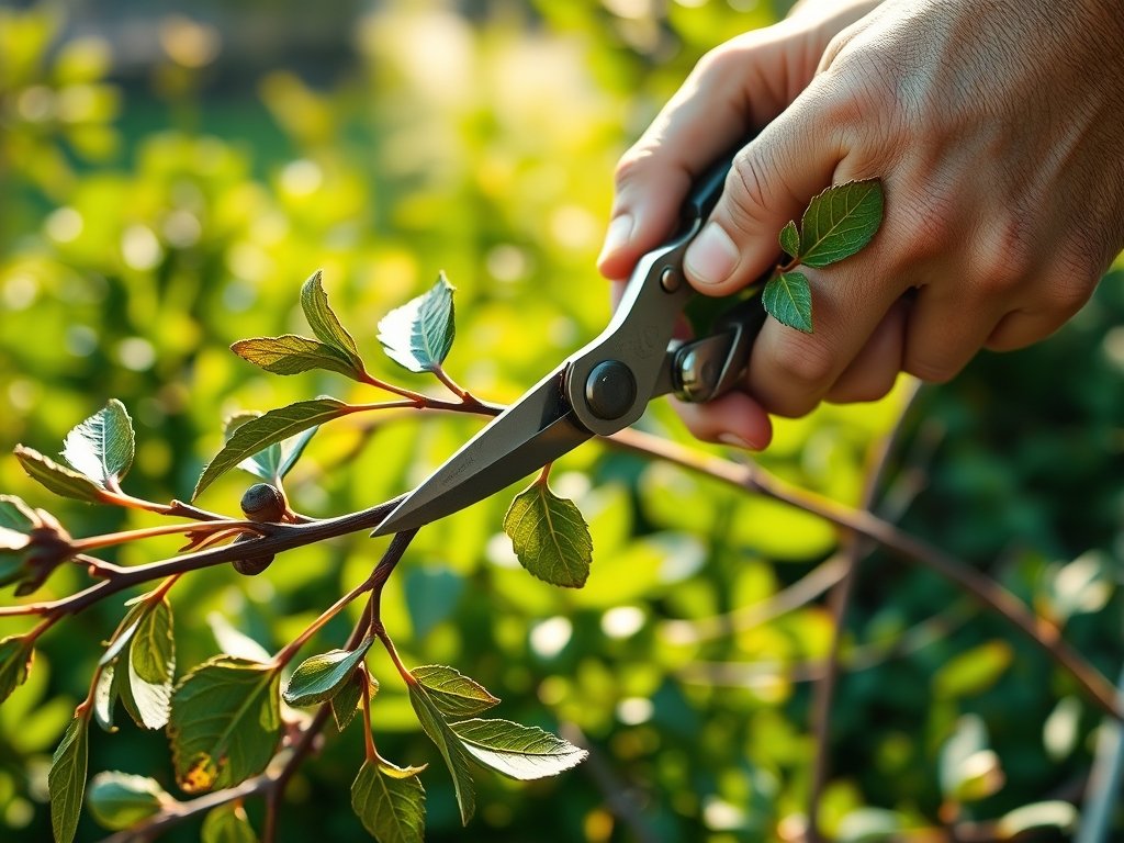Close-up van handen die hazelaar takken snoeien met een snoeischaar.