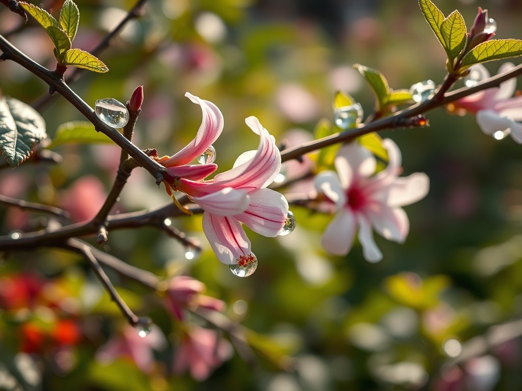 Dichtbijzicht van gesnoeide takken en bloemen met waterdruppels.