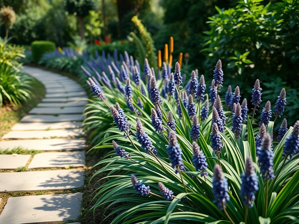 Uitzicht over een goed onderhouden tuin met Liriope muscari langs een stenen pad.