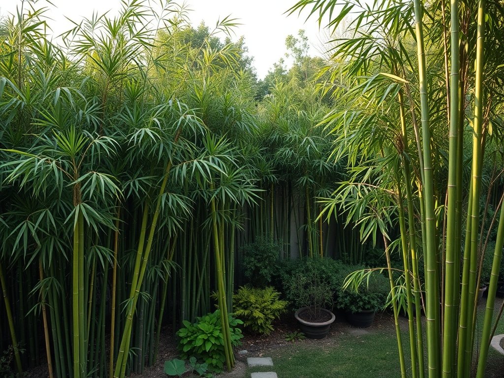 Uitzicht op een bamboebos met enkele recent gesnoeide planten.