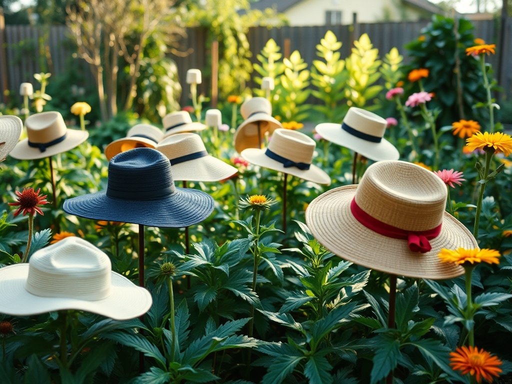 Uitzicht op een tuin met verschillende zonnehoeden, sommige gesnoeid en andere in bloei.
