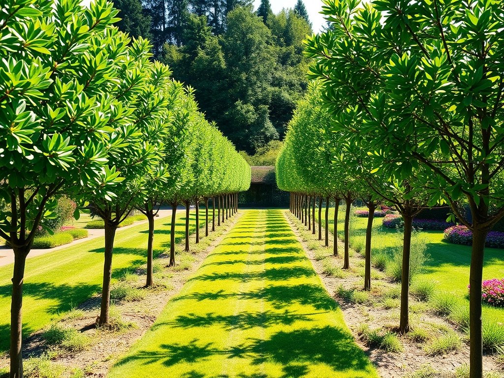 Rij netjes gesnoeide leilinde bomen langs een tuinpad met groen gras en bloembedden.