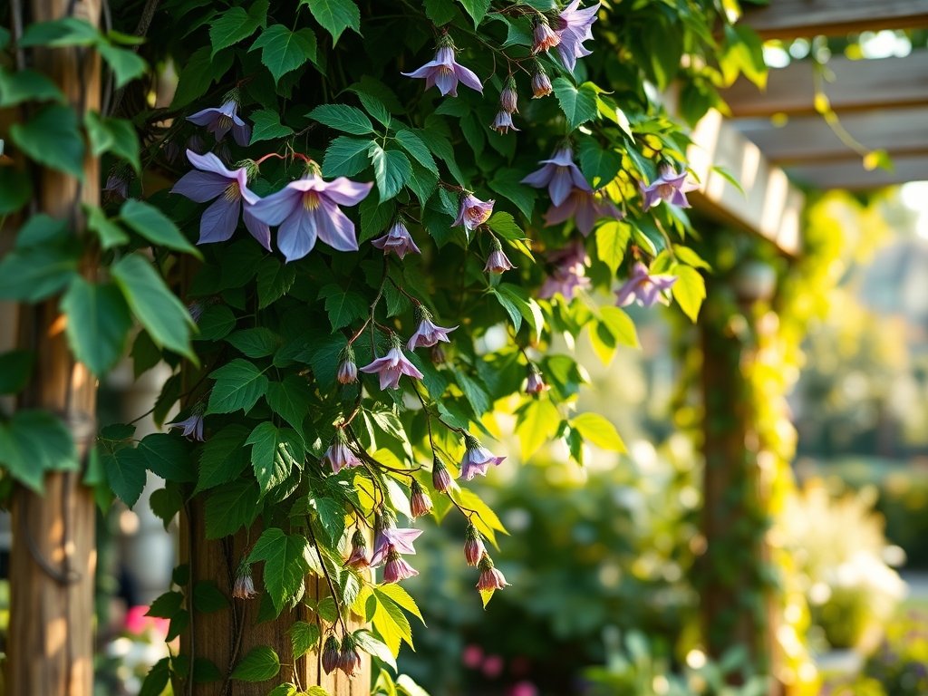 Weids uitzicht op een tuin met clematis die langs een pergola groeit, met vers gesnoeide takken.