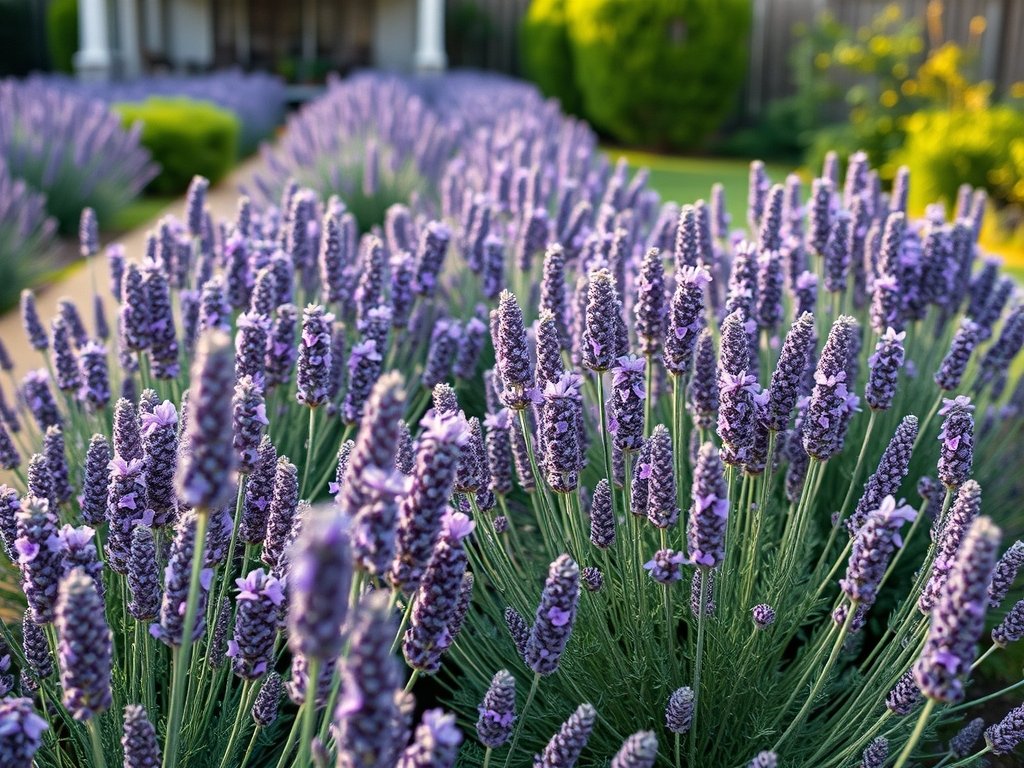 Brede tuinopname van bloeiende lavendelstruiken met verse snoei zichtbaar in een natuurlijke achtertuin.