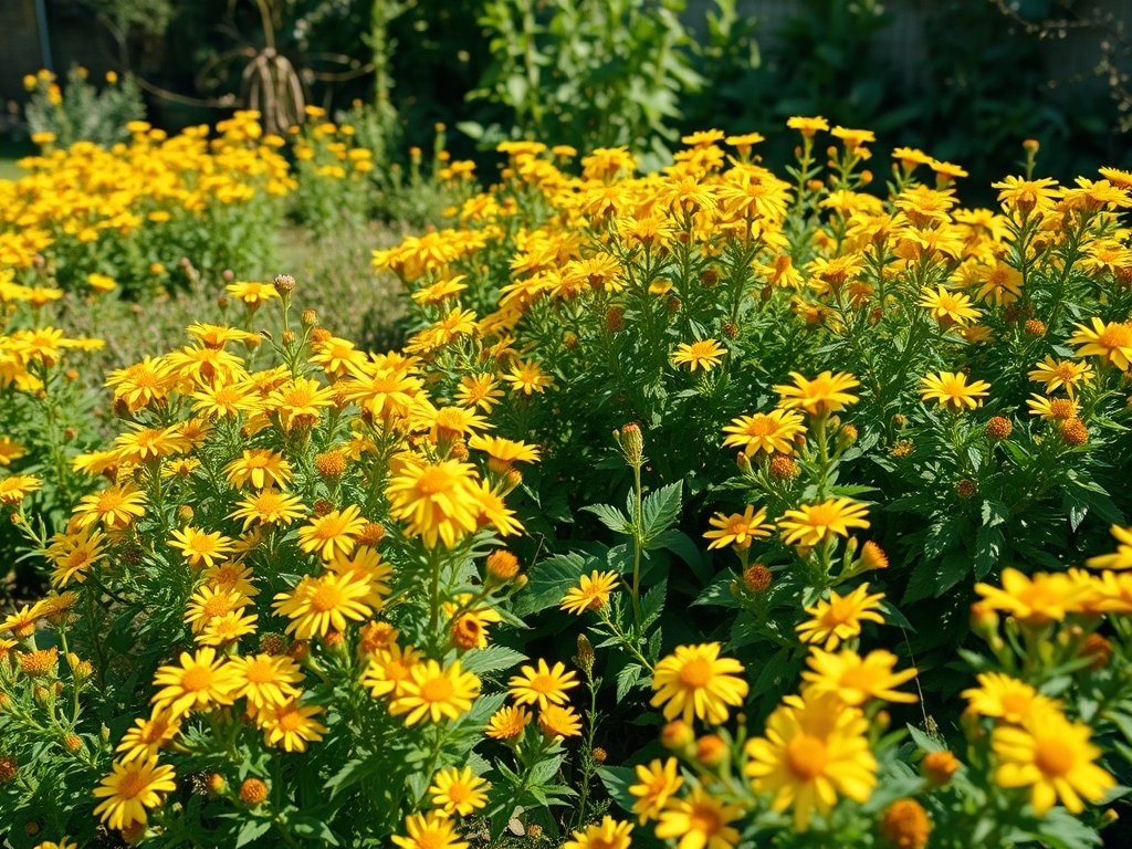 Wijd uitzicht op een bremstruikentuin in volle bloei met levendige kleuren.