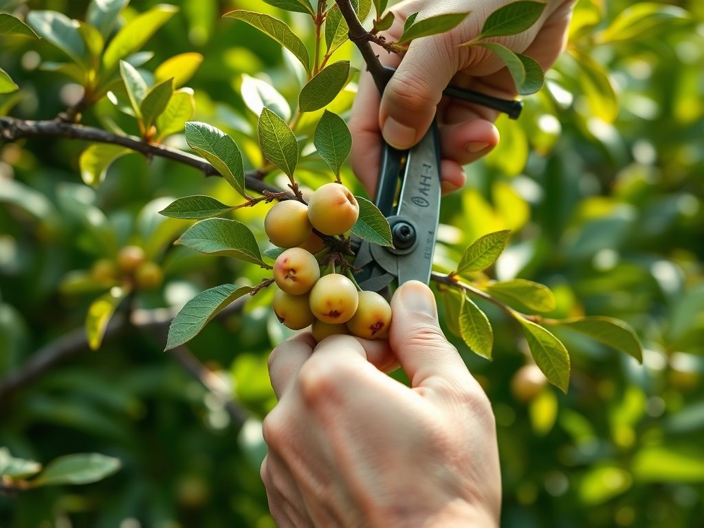 Close-up van handen die takken van een pruimenboom snoeien met een snoeischaar in een tuin.