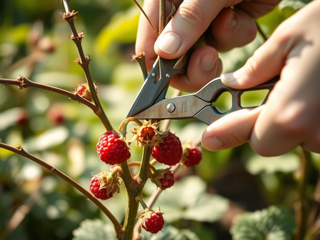 Close-up van frambozenstruiken die worden gesnoeid met een scherp snoeischaartje in een tuin.