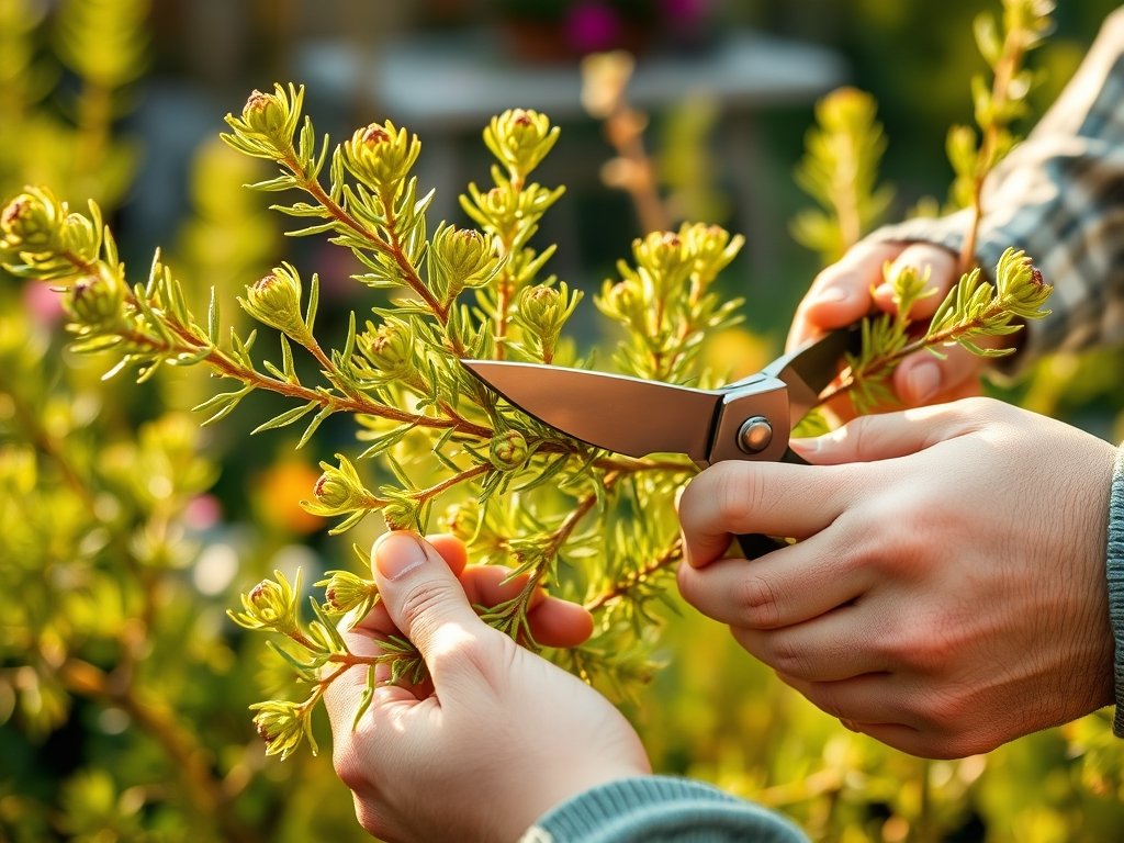 Close-up van handen die spirea takken snoeien met scherpe snoeischaar.