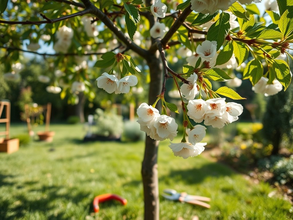 Wijd shot van een kersenboom met zichtbare snoeiplekken in een zonnige tuin.