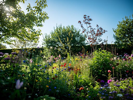 Brede opname van een tuin met muurbloem planten in verschillende stadia van groei.