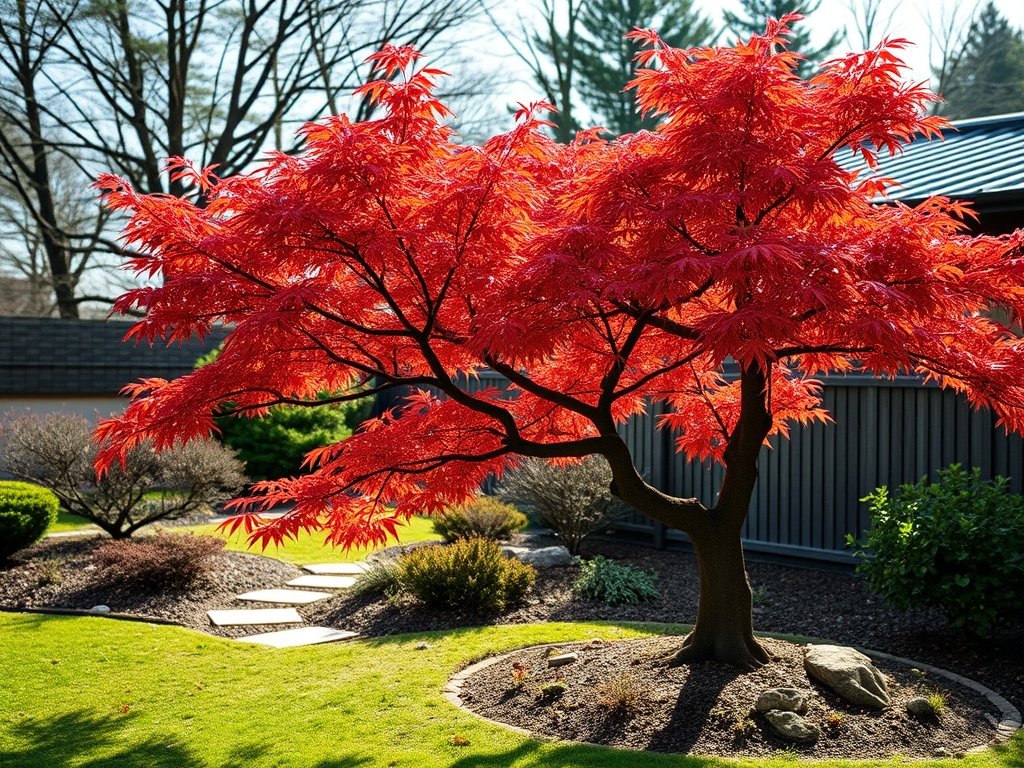 Rustige Japanse tuin met een gesnoeide Japanse esdoorn in herfstkleuren en een stenen pad.