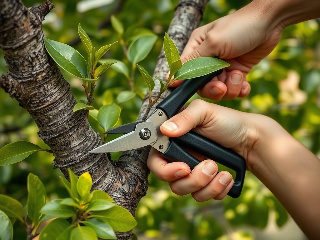 Close-up van handen die een tak van een plataan snoeien met groene bladeren.