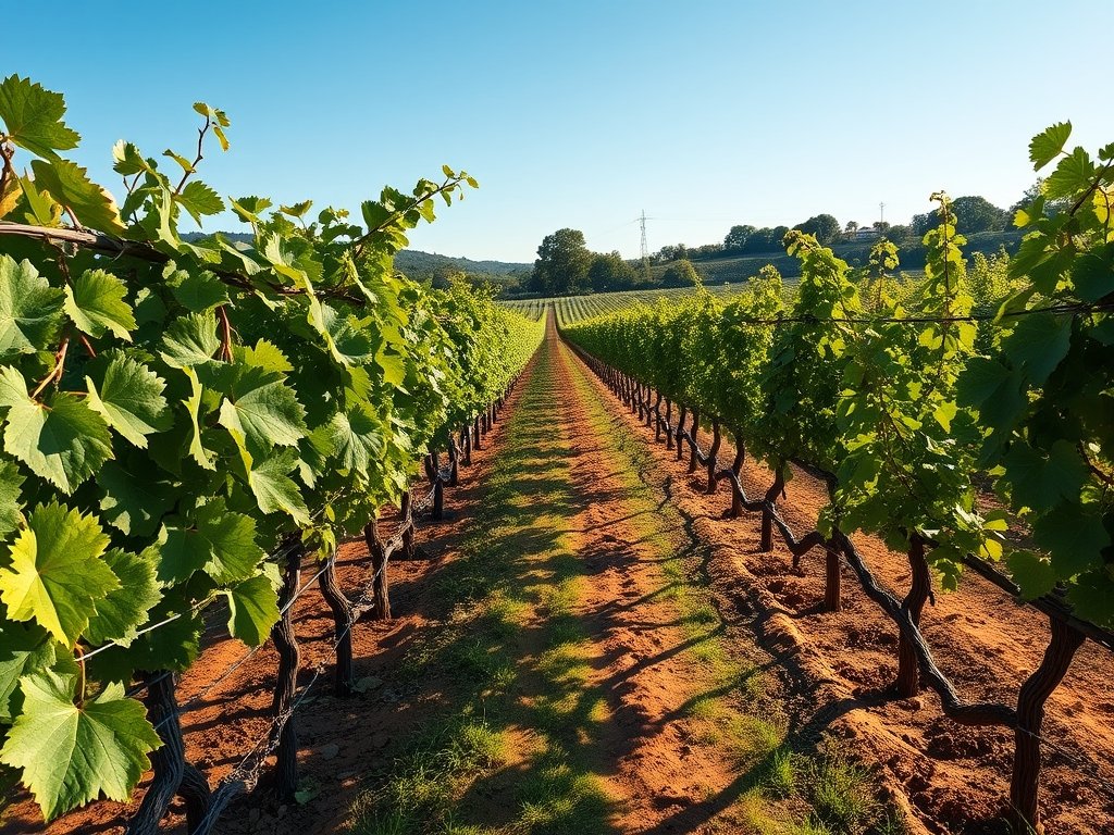 Zonovergoten wijngaard met zichtbare gesnoeide druivenranken en groene bladeren.