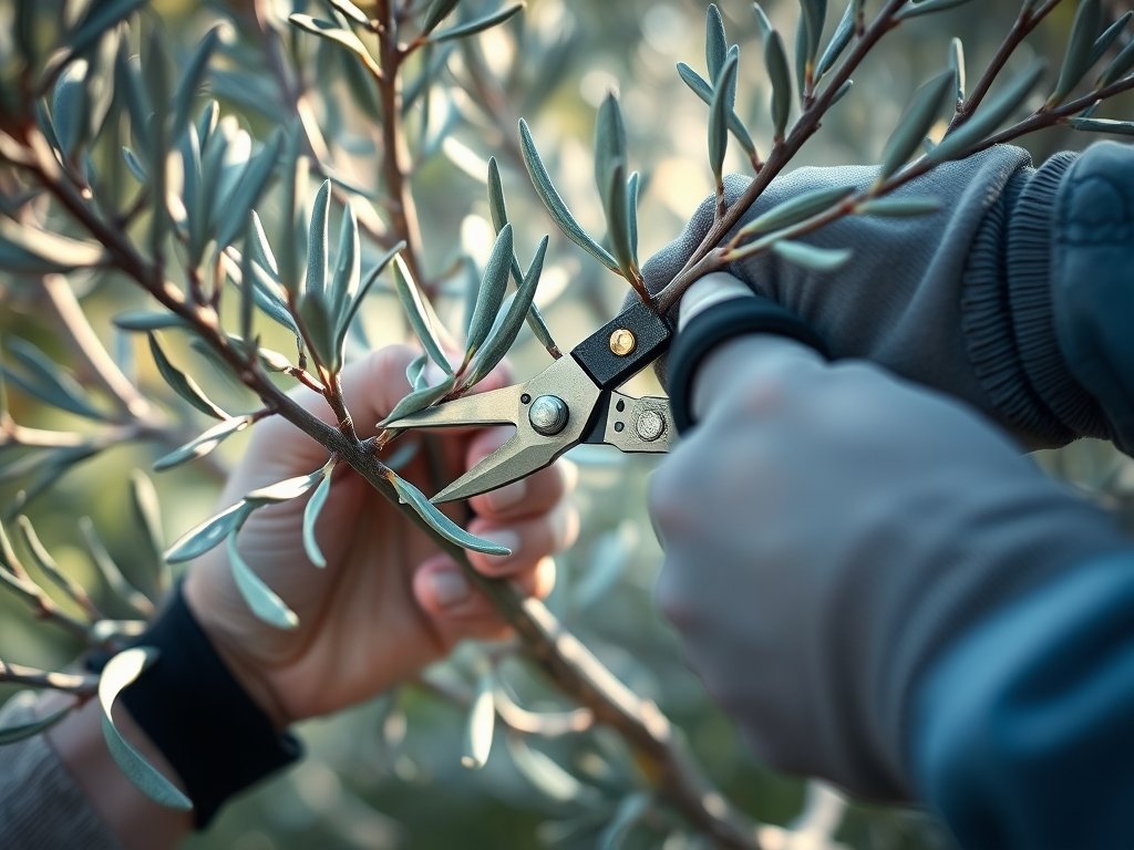 Close-up van handen die olijfbomentakken snoeien met een scherpe snoeischaar in een natuurlijke tuinomgeving.
