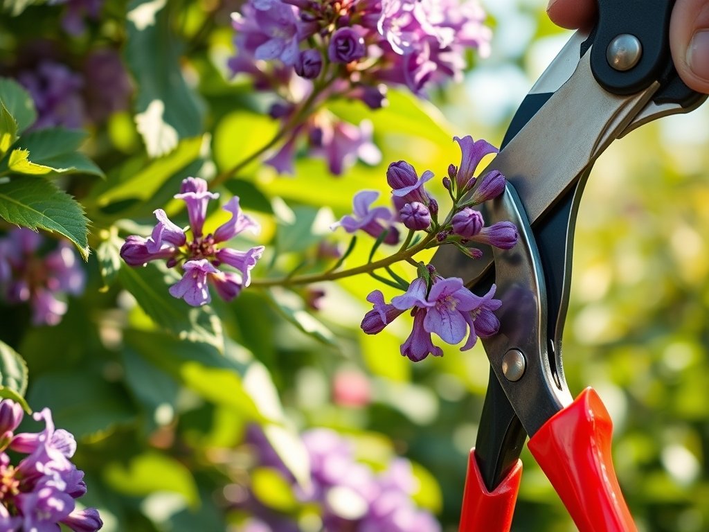 Close-up van een vlinderstruik tak die wordt gesnoeid met scherpe tuinscharen in een groene tuin.