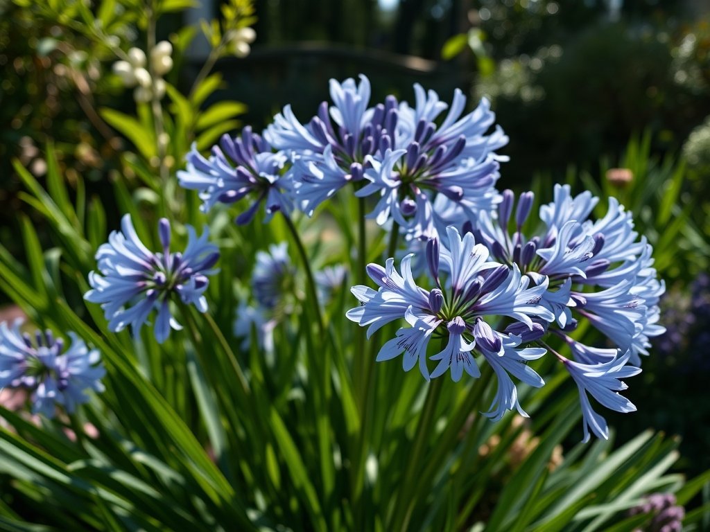 Wide shot van een bloeiende agapanthus tuin met verschillende tinten blauw en paars.