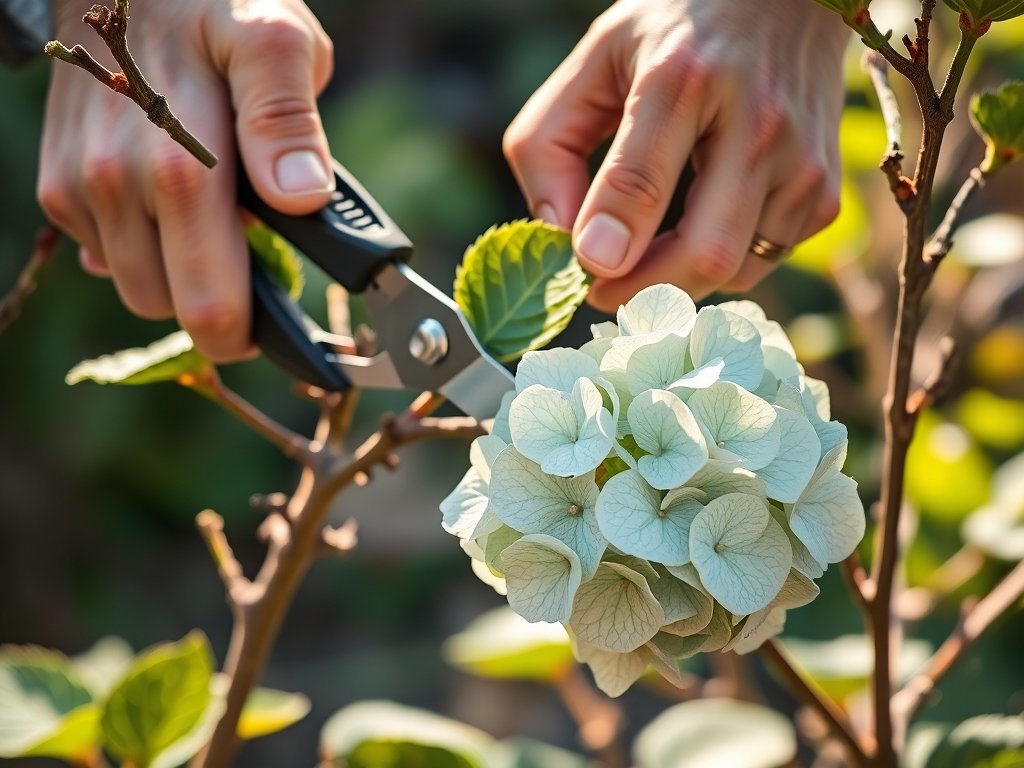 Close-up van handen die hortensia snoeien met een heggenschaar in een tuin.