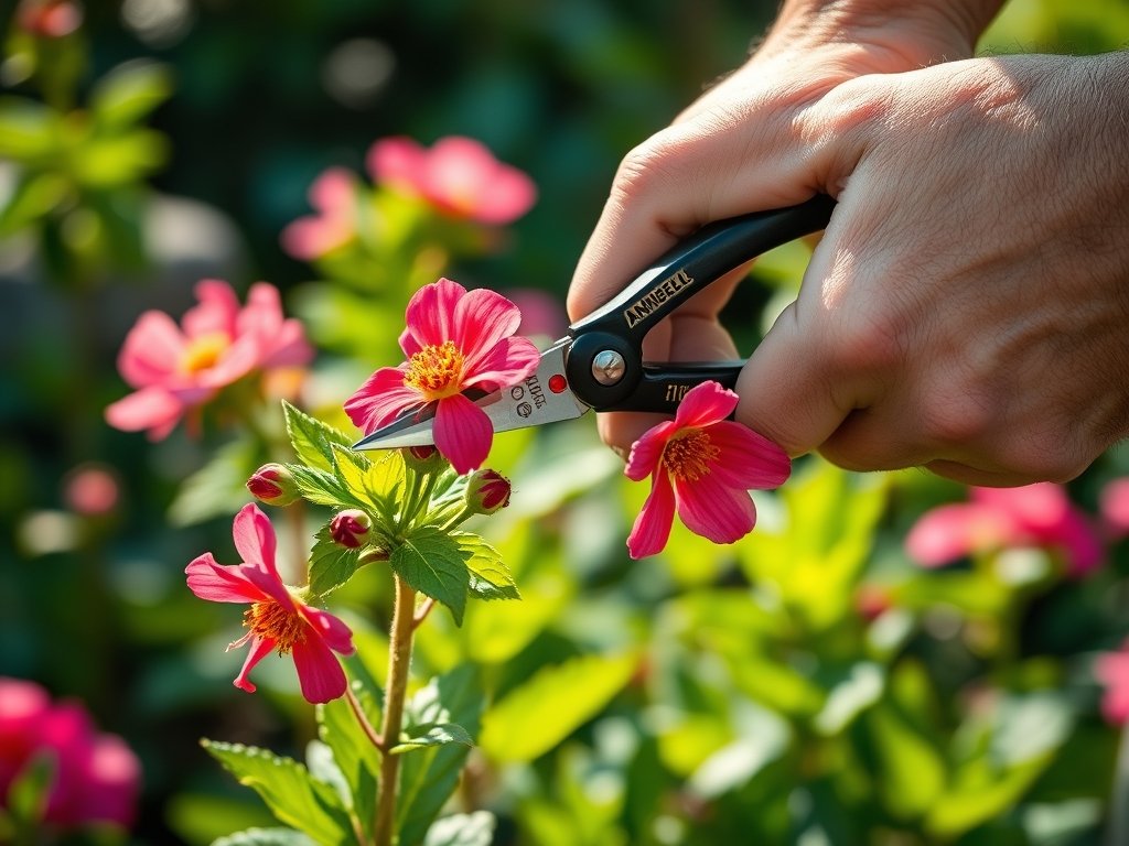 Close-up van handen die Annabelle bloemen snoeien met snoeischaar.