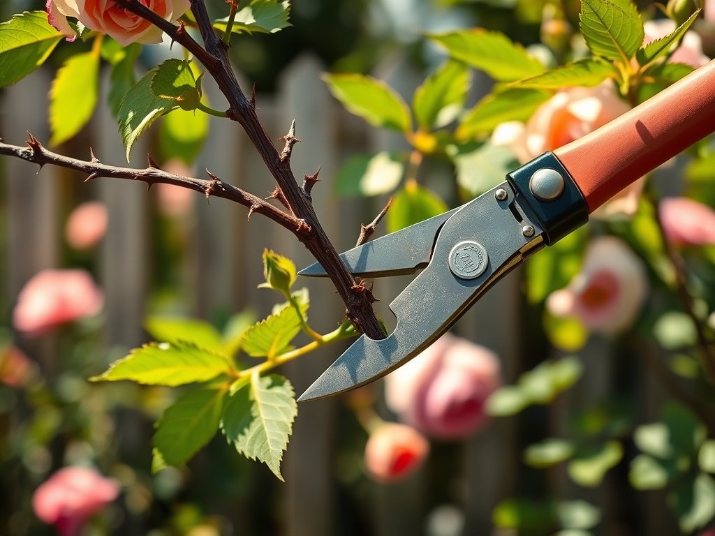 Close-up van snoeiende hand met snoeischaar aan klimroos tak met groene bladeren en rozenbloemen op de achtergrond.